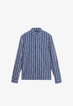 Camisa de manga larga a rayas azul y blanca con finos detalles en naranja y verde, con botones en la parte delantera y un cuello clásico. Material de algodón.