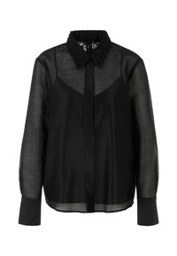 Schwarzes, transparenter Langarmhemd mit strukturiertem Kragen, der dekorative schwarze Akzente aufweist, und einer Knopfleiste vorne; elegant geschnittenes Design.
