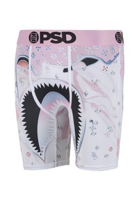 Boxer extensible avec taille rose, logo PSD noir, et un grand motif bouche de requin en noir, blanc et couleurs pastel.