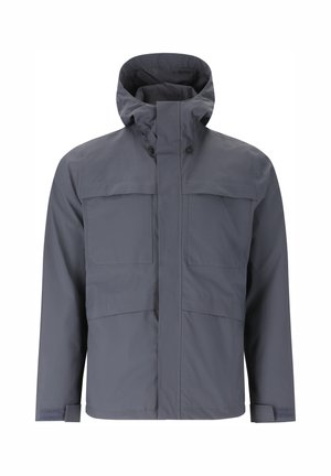 Mørkegrå vandtæt jakke med hætte, frontlynlås dækket af stormklap, to brystlommer og justerbare Velcro-manchetter.