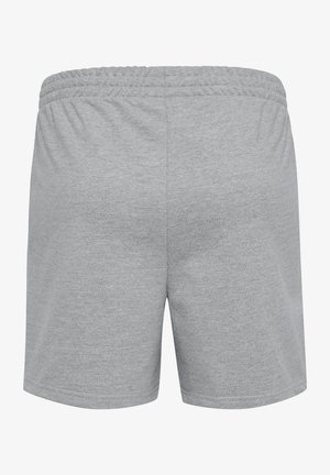 Proste jasnoszare szorty z elastycznym pasem z miękkiego materiału, pokazane od tyłu z prostym, casualowym designem.