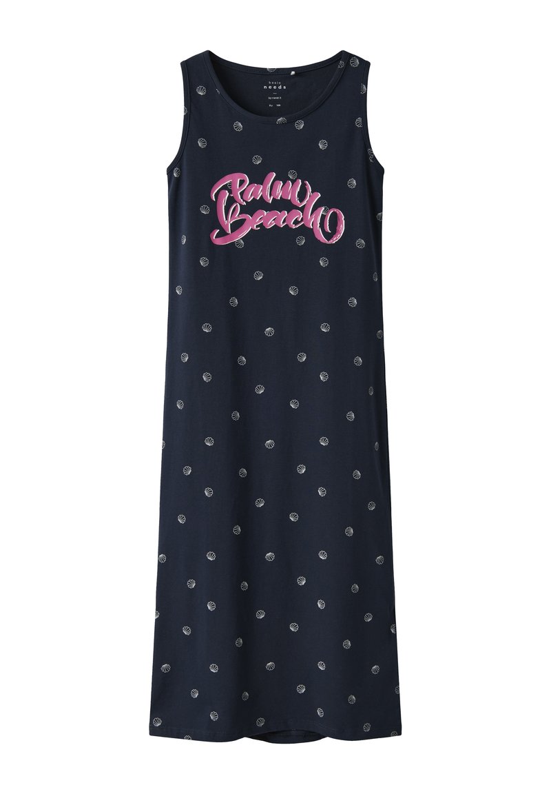 Vestido tipo tank azul marino con un gráfico rosa de "Palm Beach" y un pequeño estampado de conchas. Hecho de tela suave con un ajuste relajado y escote redondo.