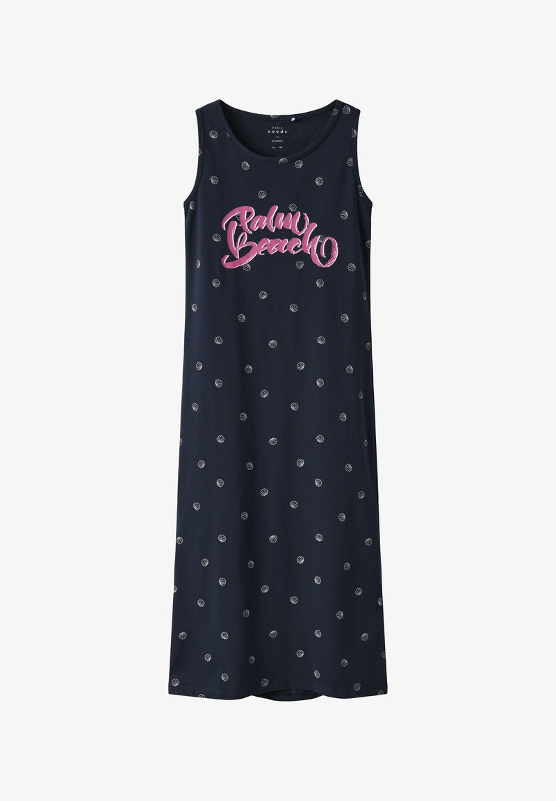 Vestido tipo tank azul marino con un gráfico rosa de "Palm Beach" y un pequeño estampado de conchas. Hecho de tela suave con un ajuste relajado y escote redondo.