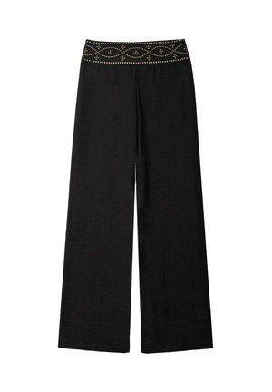 Pantalons larges noirs avec une ceinture texturée présentant un motif décoratif de clous et de lignes, fabriqués à partir d'un tissu léger.