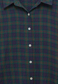 Chemise à carreaux verts avec col classique, accents rouges et bleus, et boutons blancs sur le devant. Texture de tissu douce.