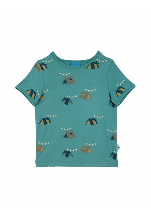 Maglietta a maniche corte per bambini in teal con un motivo di campeggio che presenta tende e festoni. Realizzata in tessuto morbido e traspirante con scollatura rotonda.