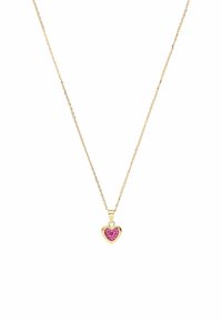 Gouden ketting met een hartvormige hanger met roze stenen. De hanger heeft een gepolijste afwerking en een delicate, gestructureerde ketting.