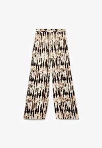 Pantalon large tie-dye en crème, noir et marron ; taille élastique ; texture douce ; rayures verticales et motifs abstraits sur toute la surface.