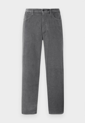 Gray corduroy trousers with a straight fit, featuring two front pockets, a button closure, and textured vertical ridges.