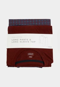 Burgundy pure cotton long pants and long sleeve top set, featuring a patterned top and a round neckline, neatly folded and packaged.