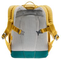 Sac à dos jaune et gris avec un panneau arrière en mesh, des bretelles réglables et un fond en teal. Il comprend une poignée supérieure et des coutures renforcées.