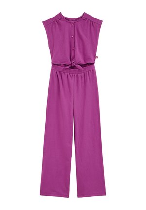 Fialový overal bez rukávov s zapínaním na gombíky vpredu, uzlom na zaväzovanie v páse, elastickým pásom a širokými nohavicami.