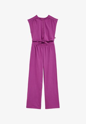 Ujjatlan lila overall, gombos elülső résszel, deréknál megkötős csomóval, rugalmas derékpánttal és bő szárú nadrággal.