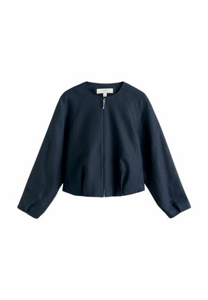 Veste bleu marine à manches longues avec fermeture éclair frontale, encolure ronde et manches légèrement bouffantes, présentée à plat sur un fond blanc.