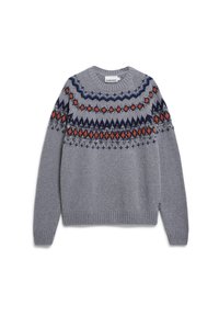 Grauer Strickpullover mit Rundhalsausschnitt, der ein buntes Zickzack- und Diamantmuster in Marineblau und Rost über der Brust und den oberen Ärmeln aufweist.