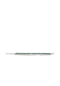 Pulsera de cuentas verdes con detalles de cadena plateada, que presenta cuentas redondas y herrajes metálicos rectangulares. Superficie texturizada y diseño en capas.