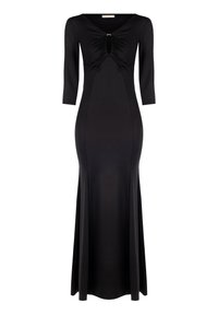 Schwarz Abendkleid aus glattem Stoff. Verfügt über Dreiviertelärmel, einen Schlitz-Ausschnitt mit Raffungen und einen ausladenden Saum.