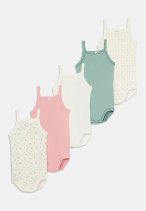 Set van vijf baby rompertjes van katoen. Inclusief bloemenprint, effen roze, wit en groen, en stippenpatronen. Heeft dunne bandjes en drukknoopsluiting.