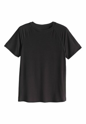 T-shirt noir à manches courtes avec un col rond, doté de manches raglan et d'une texture lisse. Aucun motif ou accent visible.