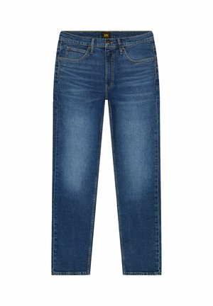 Jean denim bleu à jambes droites avec bouton à l'avant, fermeture éclair, passants pour ceinture et design à cinq poches incluant une poche pour monnaie.