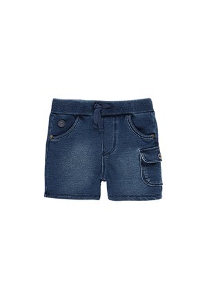 Dark blue denim toddler shorts with elastic waistband, drawstring, two front pockets, and a buttoned side cargo pocket.