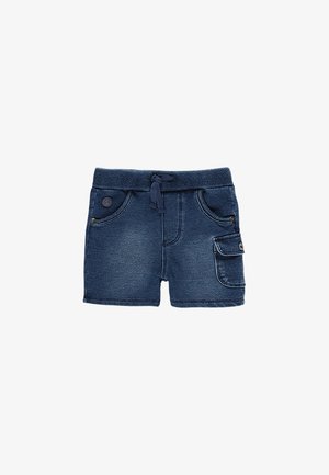 Mørkeblå denimshorts til småbørn med elastik i taljen, snøre, to forlommer og en knaplukket lomme på siden.