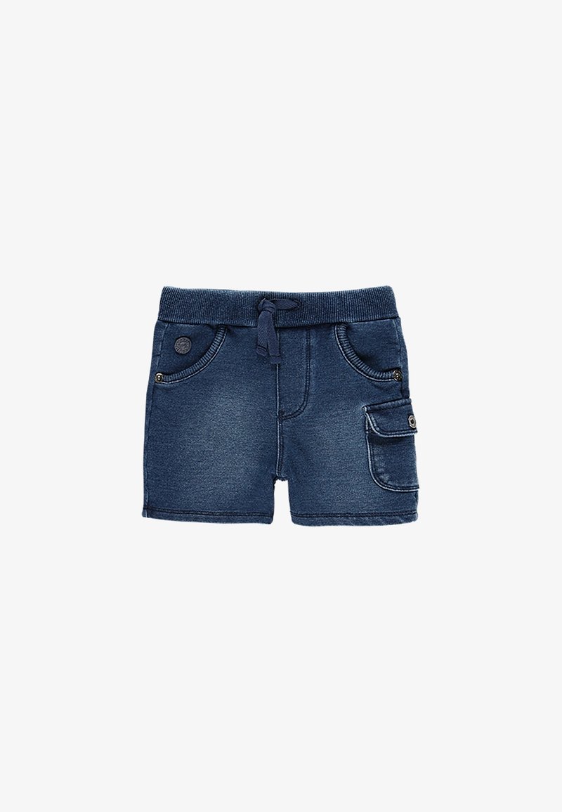 Shorts en denim bleu foncé pour tout-petit avec ceinture élastique, cordon de serrage, deux poches avant et une poche cargo latérale boutonnée.