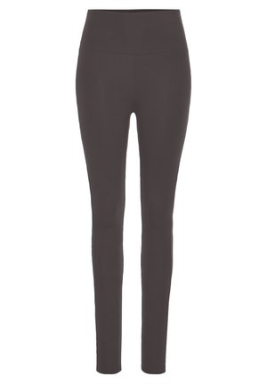 Dark gray leggings made of stretchy material, featuring a high waist and a slim fit that tapers to the ankle with no visible seams.