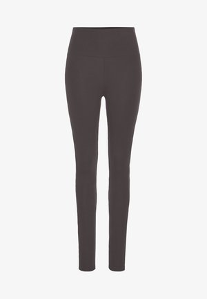 Dark gray leggings made of stretchy fabric with a high waist. They feature a smooth texture and a fitted design without additional detailing.