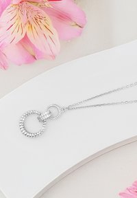 Silverhalsband med två sammanlänkade cirkulära hängande smycken, ett med texturerad yta och det andra med slät yta, hängande från ett delikat kedja.