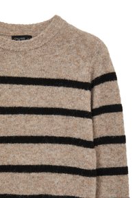 Beige Pullover mit schwarzen horizontalen Streifen, aus weichem strukturiertem Stoff. Verfügt über einen Rundhalsausschnitt und einen gerippten Kragen. Markenetikett sichtbar.