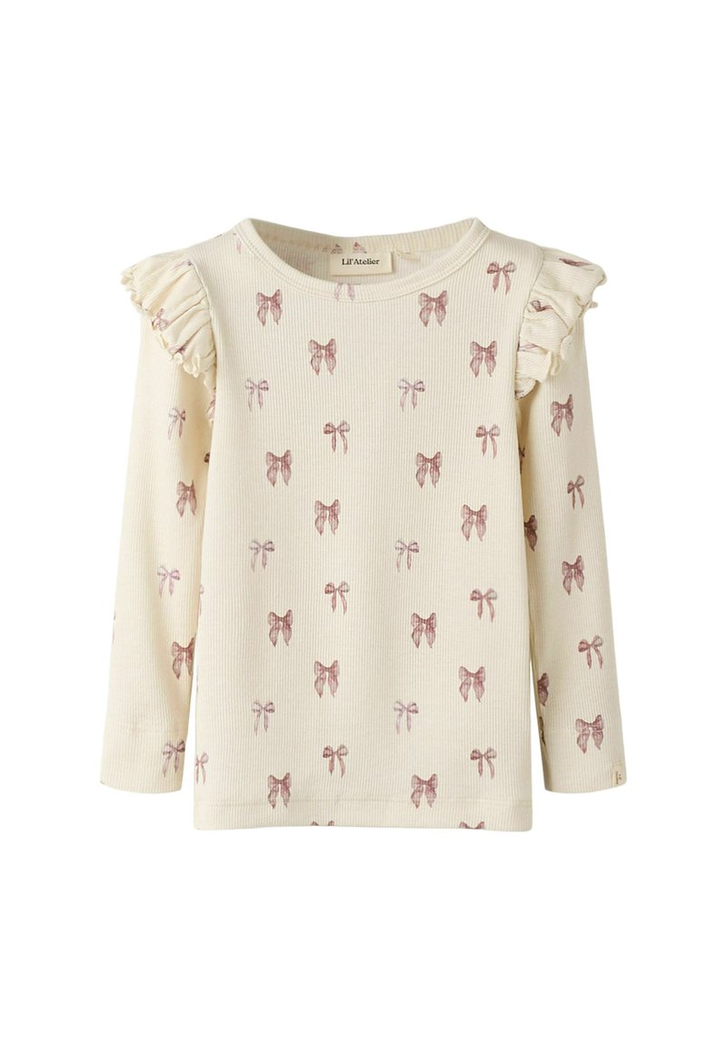 Cream long-sleeve top with a ribbed texture, featuring a repeating pink bow pattern and ruffled details on the shoulders.