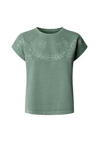 Πράσινο πουκάμισο με κοντά μανίκια και στρογγυλή λαιμόκοψη, με κεντητό σχέδιο λουλουδιών και φυλλωμάτων που διασχίζει το στήθος και τους ώμους.