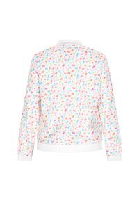 Multifarvet jakke med pastelfarvet blomstermønster, hvid bund, elastiske manchetter og kant. Har et klassisk kravedesign.