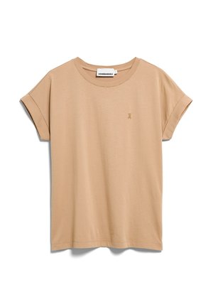 Beige short-sleeve cotton T-shirt with rolled cuffs and small embroidered logo on left chest, labeled "ARMEDANGELS" inside collar.