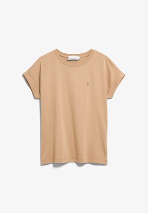 Beige short-sleeve cotton T-shirt with rolled cuffs and small embroidered logo on left chest, labeled "ARMEDANGELS" inside collar.