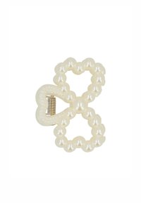 Fermaglio bianco a forma di otto, decorato con perle finte e una chiusura a molla in metallo, con una superficie liscia e lucida.