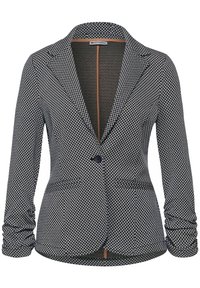 Upravený sáčko v černobílé kostkované vzoru. Disponuje klopovým límcem, uzavřením na jeden knoflík a dvěma bočními kapsami. Hladká textura.