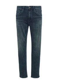 Jeans in denim blu scuro con taglio dritto, caratterizzati da una texture sbiadita, cinque tasche e sottili dettagli strappati vicino al ginocchio.