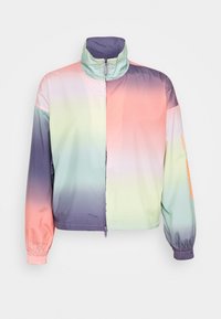 Färgglad zip-up jacka med en gradientdesign som går från rosa till grön till lila. Lätt material med elastiska ärmslut och hög krage.
