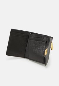 Black leather wallet with a textured surface, featuring multiple card slots and a gold accent detail. Compact foldable design.