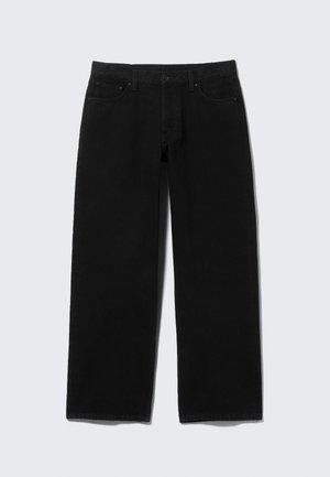 Jeans neri a gamba larga in denim con cinque tasche, chiusura frontale con cerniera e dettagli di cuciture a contrasto.