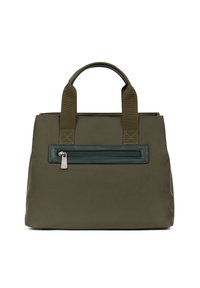 Borsa tote verde oliva realizzata in tessuto resistente, dotata di due manici e di una tasca frontale con zip accento verde scuro. Texture liscia.