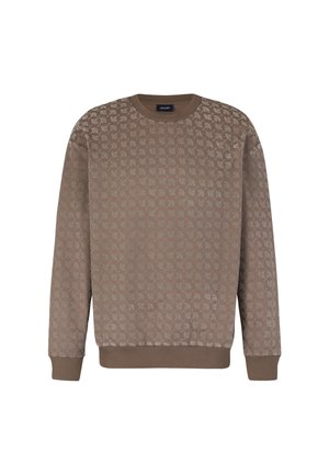 Brauner Sweatshirt mit strukturiertem, sich wiederholendem Muster, geripptem Kragen, Ärmeln und Saum. Hergestellt aus weichem Stoff, ideal für die Freizeit.