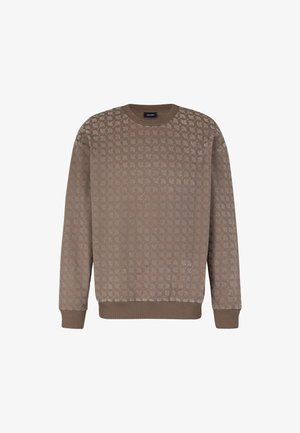Brązowa bluza z teksturowanym, powtarzającym się wzorem, z prążkowanym kołnierzem, mankietami i dołem. Wykonana z miękkiego materiału, idealna na codzienne noszenie.