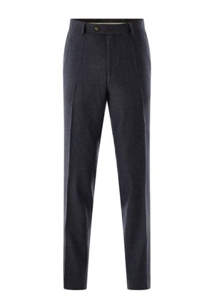 Navy blue tailored trousers made from textured fabric, featuring a fitted silhouette, dual front pleats, and a single button closure at the waist.