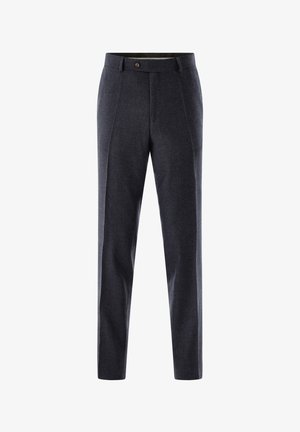 Navy blue tailored trousers made from textured fabric, featuring a fitted silhouette, dual front pleats, and a single button closure at the waist.