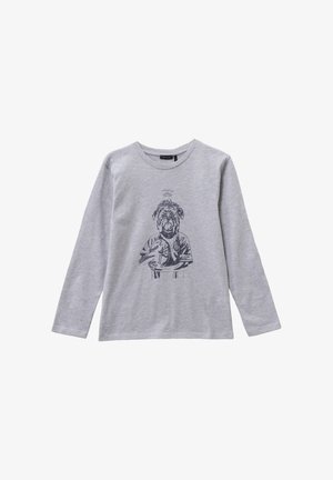 Grijze lange mouwen shirt van katoen, met een zwarte grafische illustratie van een hond met tekst erboven. Ronde halslijn, casual pasvorm.