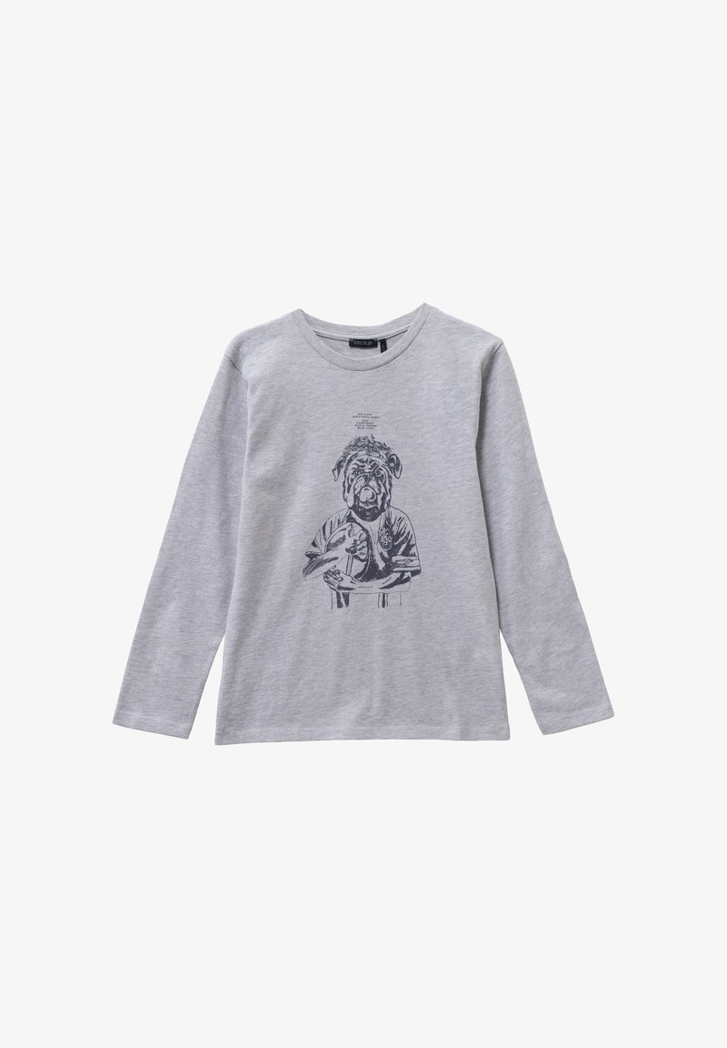 Graues Langarmshirt aus Baumwolle mit einer schwarzen grafischen Illustration eines Hundes und Text darüber. Rundhalsausschnitt, lässige Passform.