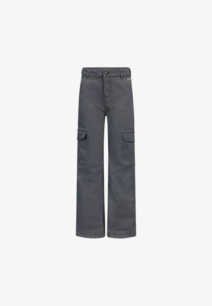 Pantaloni cargo grigi con vestibilità rilassata, dotati di due tasche laterali e chiusura con bottone. Realizzati in un tessuto resistente con una superficie liscia.
